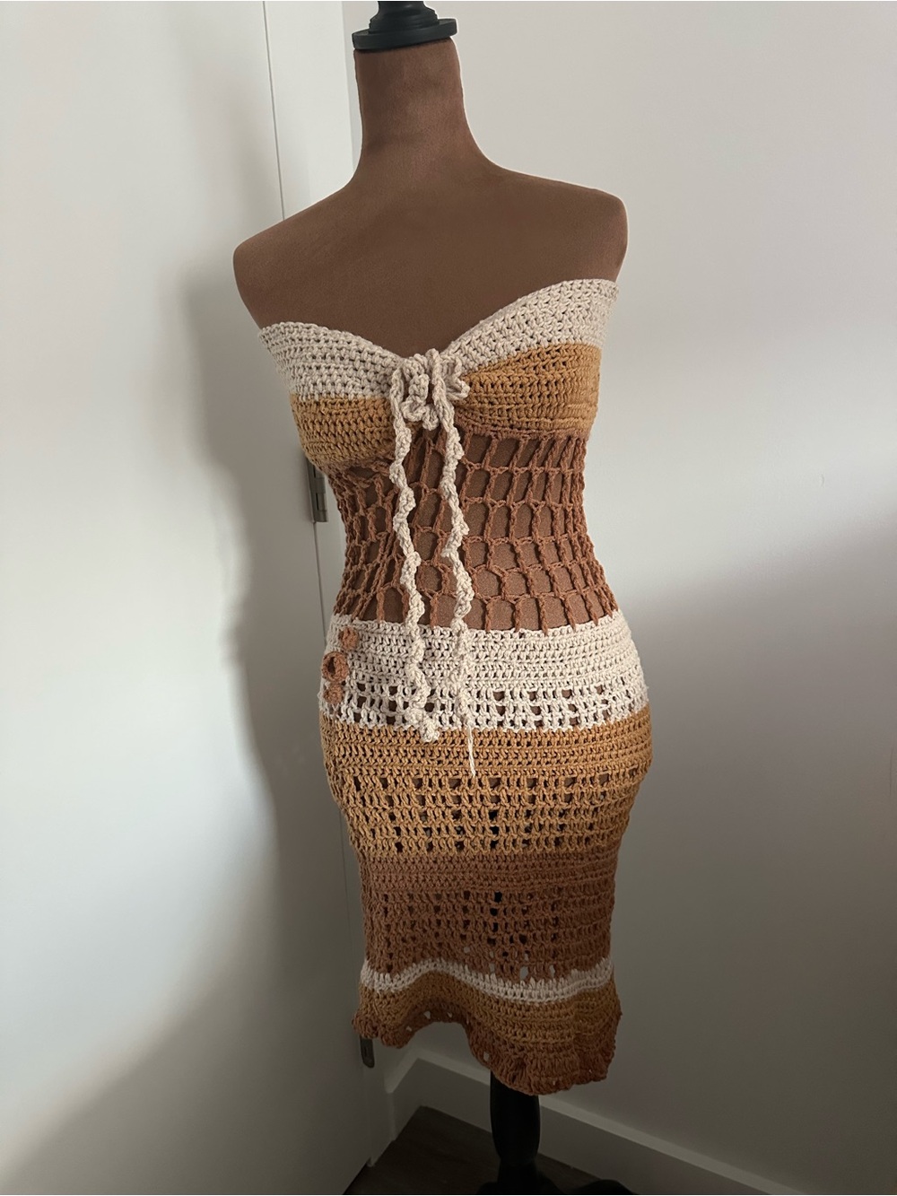 Crochet Strapless Midi Dress in Cream and Brown